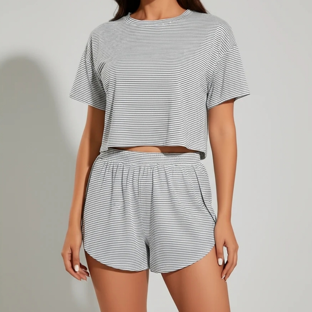 Womens Striped Short Sleeve Crop Top & Shorts Sleep Set - White/Gray, NWOT!!